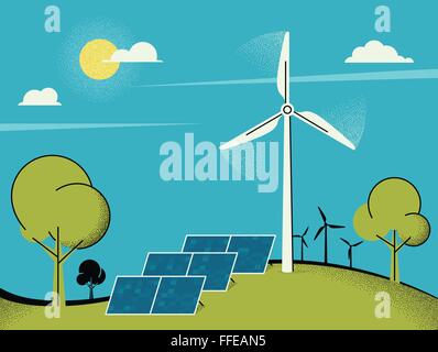 Wind turbine farm in green fields during sunrise Stock Vector