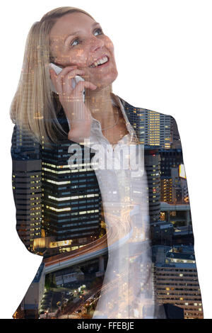 Business woman smartphone smart mobile phone calling businesswoman telephone double exposure isolated on a white background Stock Photo