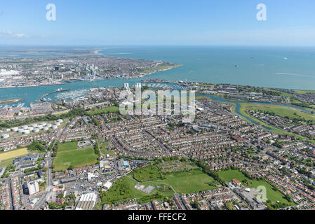 An aerial view of the Hampshire coastal town of Gosport. Portsmouth is visible in the background Stock Photo