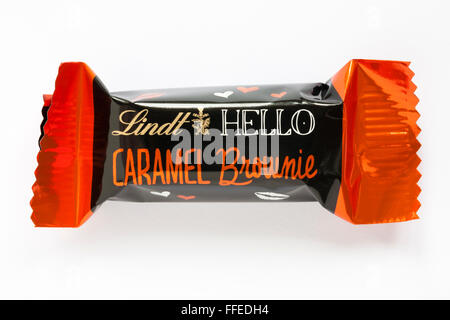 Lindt Hello my name is mini stick mix nice to sweet you pick your little darling chocolates - Caramel Brownie chocolate isolated on white background Stock Photo
