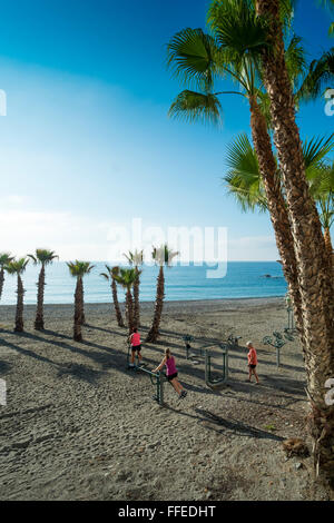 People exercising on municpal equipment on the beach, Playa del Mar, in autumn sunshine. Almuñécar, Costa Tropical, Granada Province, Andalucia. Spain Stock Photo