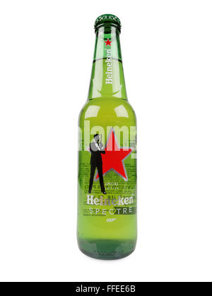 Heineken beer bottle with advertising for the James Bond movie Spectre. Stock Photo