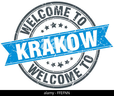 welcome to Krakow blue round vintage stamp Stock Photo