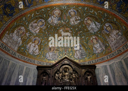 Mosaic of Agnus Dei the Lamb of God among the saints inside the Church of the Benedictine Abbey of the Dormition on top of mount Zion in Jerusalem Israel Stock Photo