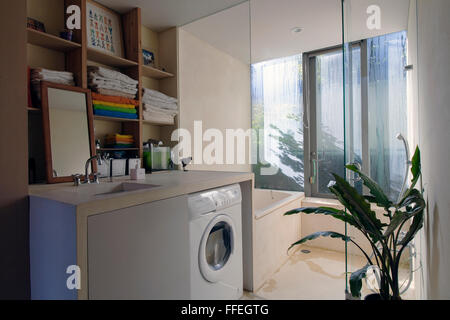 Japanese contemporary bathroom in an apartment with laundry machine Stock Photo