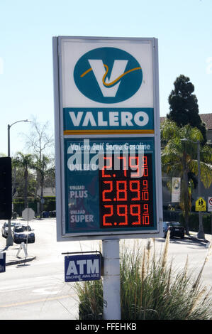 gasoline petrol and diesel fuel pump prices on display at a gas station in Los Angeles, California, USA Stock Photo