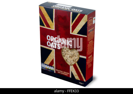 Breakfast cereal box of organic oats on a white background Stock Photo