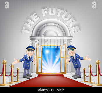 The future door concept of a doormen holding open a door at a red carpet entrance with velvet ropes. Light streaming through it, Stock Photo