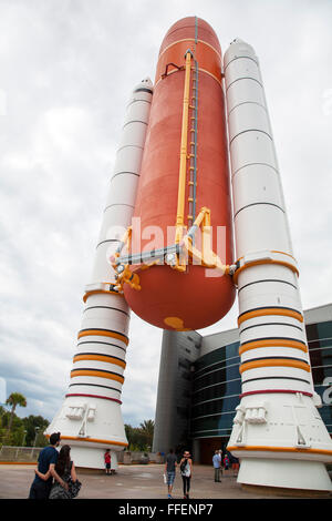 Space shuttle solid rocket boosters and fuel tank on display at NASA Kennedy Space Center, Florida, USA Stock Photo