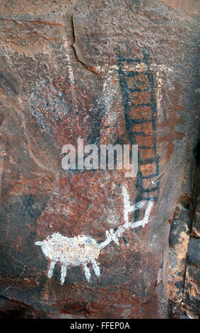 Native American Pictographs and Petroglyphs painted and carved image prehistoric rock art from Sinagua and Archaic cultures. Stock Photo
