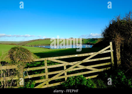 View across fields to the Kingsbridge Estuary. Snapes Point, Salcombe. Devon. UK Stock Photo