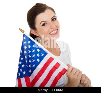 portrait of pretty teen girl holding USA flag Stock Photo