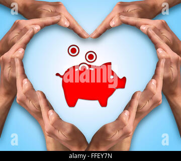 Hands make heart shape arround a money pig icon. Protect your money. Inusurance concept Stock Photo