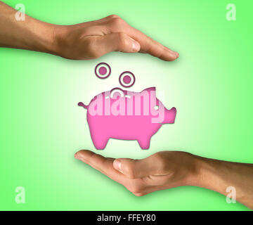 Two hands protecting piggy bank icon. Saving protect concept Stock Photo