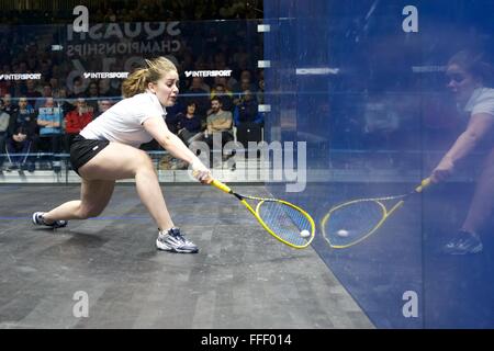 National Squash Centre, Manchester, UK. 12th Feb, 2016. British National Squash Championships. Tesni Evans just misses the court wall. © Action Plus Sports/Alamy Live News Stock Photo