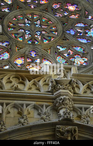 Stained glass windows in St. Vitus Cathedral at Prague Castle. Stock Photo