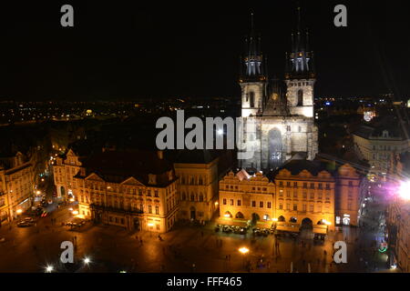 Prague Old Town Square at night as seen from the Old Town Hall tower. Stock Photo
