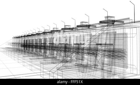 Perspective 3D render of building wireframe. blueprint background. Stock Photo