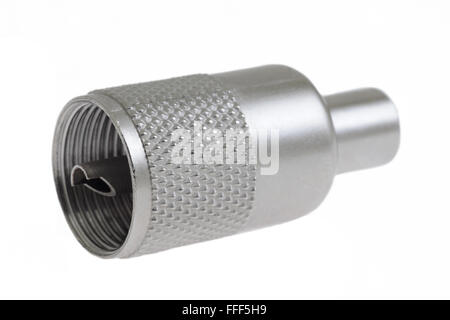 Antenna cable connectors, metal plug on white, macro Stock Photo