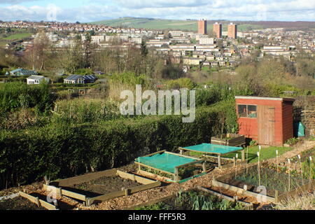 Allotments on a hillside in Sheffield, south Yorkshire looking to the hills on the city's rural fringe, England UK Stock Photo