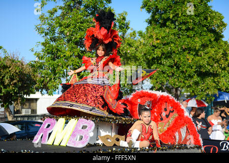 Beauty queen on a float parading during carnival in Ponce, Puerto Rico. US Territory. February 2016 Stock Photo