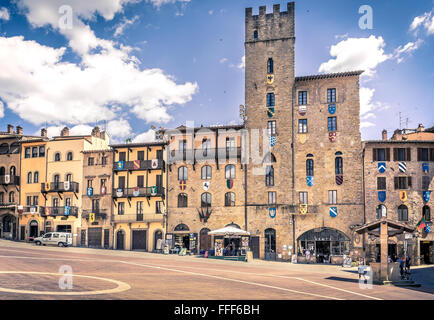 AREZZO, ITALY - JUNE 26, 2015: Piazza Grande the main square of tuscan Arezzo city, Italy Stock Photo