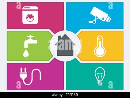 Vector illustration of colorful smart home automation screen. Buttons to control appliances, surveillance cameras, water system Stock Vector