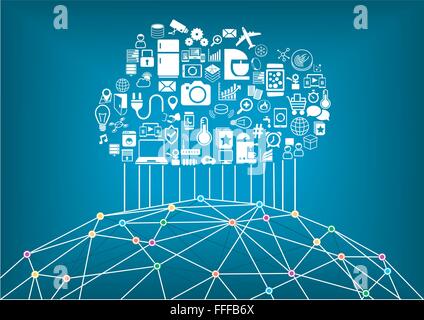 Smart home and internet of things concept. Cloud computing to connect global wireless devices with each other. Wireframe of worl Stock Vector