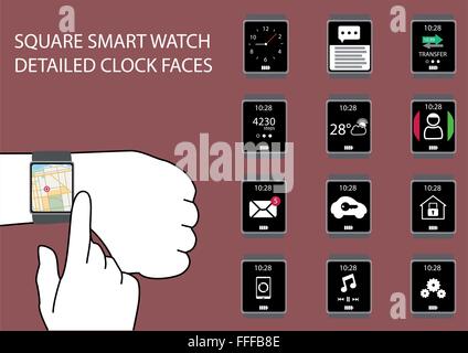 Flat design square smart watch vector illustration with hands Stock Vector