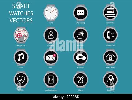 Flat design vector illustration of smart watch clock face icon. Various isolated icons showing functionality of smart watches Stock Vector