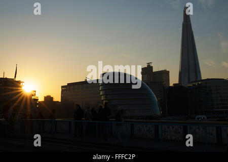 Sunset over The Shard and City Hall in London Stock Photo