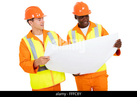 electrical engineers discussing blueprint isolated on white background Stock Photo