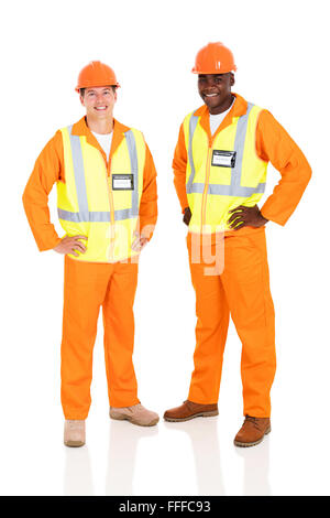 portrait of happy electrical engineers standing on white background Stock Photo