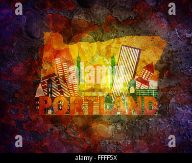 Portland Oregon City Skyline Panorama in State Map Grunge Texture Background Color Illustration Stock Photo