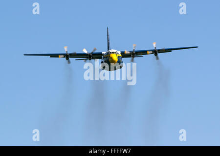 Fat Albert, the USMC C-130 Hercules support aircraft for the Blue Angels approaches head on. Stock Photo