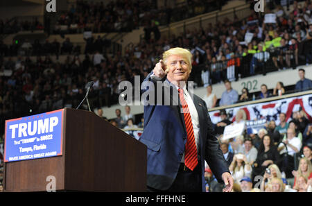 Tampa, Florida, USA. 12th Feb, 2016. Republican presidential candidate Donald Trump speaks at a campaign rally at the University of South Florida Sun Dome in Tampa, Florida on February 12, 2016. Credit:  Paul Hennessy/Alamy Live News Stock Photo