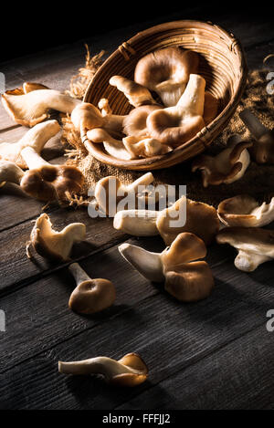 Chanterelle mushrooms in rustic setting