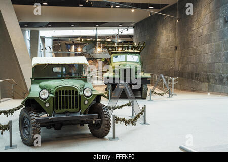 Minsk, Belarus - December 20, 2015: Soviet four-wheel drive Army Truck GAZ-67 and Katyusha multiple rocket launchers BM-13N on L Stock Photo