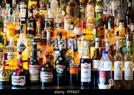 Hard alcohol bottles in a bar Stock Photo