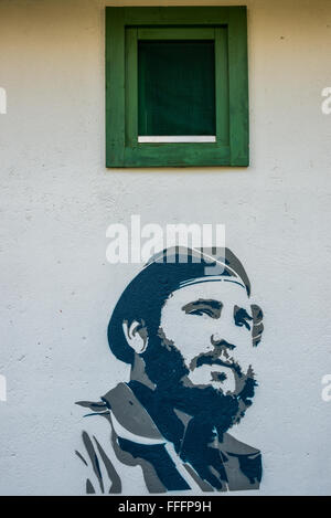 Fidel Castro portrait on Guest house at Jean Vigo St in Drvengrad (Kustendorf) built by Emir Kusturica in Zlatibor, Serbia Stock Photo