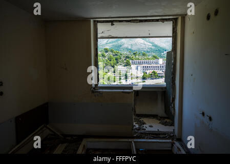 Interior of abandoned Pelegrin Hotel in Kupari, tourist complex destroyed during Croatian War of Independence (1991-1995) Stock Photo