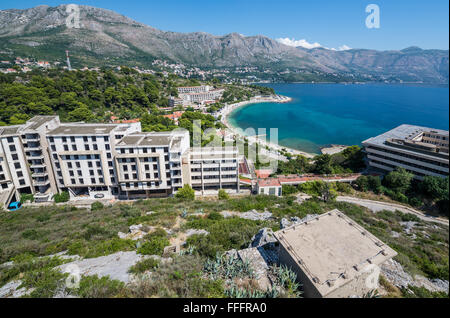 Aerial view on abandoned hotels (Kupari, Pelegrin and Goricina) in Kupari complex destroyed during Croatian War of Independence Stock Photo