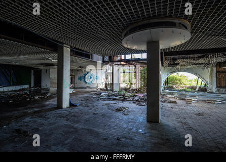 Interior of abandoned Goricina Hotel in Kupari, tourist complex destroyed during Croatian War of Independence (1991-1995) Stock Photo