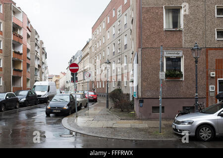 BERLIN - FEBRUARY 11:Original GDR buildings in the Linienstrasse corner Joachimstrasse in Berlin Mitte on February 11 2016. Stock Photo