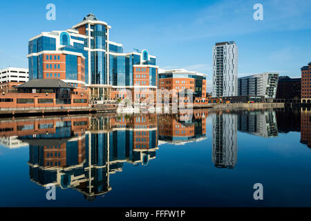 The Victoria office building and the Millennium Tower apartments, Erie Basin, Salford Quays, Manchester, UK Stock Photo