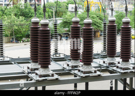 Close up of high voltage ceramic insulators Stock Photo