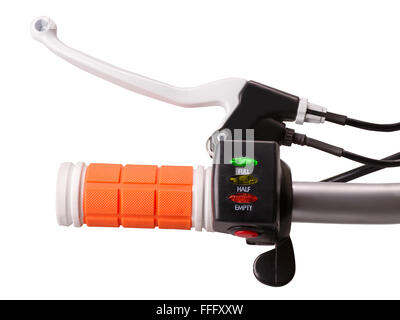 Close-up of control handle of electric bike with brake crank battery indicator and power switch isolated on white with clipping Stock Photo