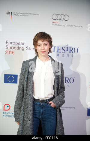 Actress Lou De Laage of France, one of the European Shooting Stars 2016, poses during the 66th International Film Festival in Berlin, 13 February 2016. Photo: JOERG CARSTENSEN/dpa Stock Photo