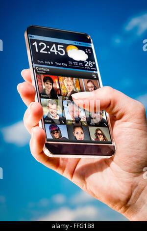 Futuristic Smart phone (phablet) with a transparent display in human hands. Concept actual future innovative ideas and best tech Stock Photo