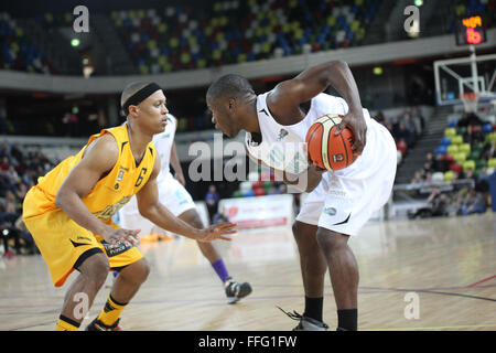 London, UK, 12th February 2016. London Lions' Andre Lockhart (6) and Surrey Scorchers' K. Miller (10) in action during the London Lions vs. Surrey Scorchers BBL game at the Copper Box Arena in the Olympic Park. Credit:  Rastislav Kolesar/Alamy Live News Stock Photo